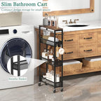XYZLVSI Slim Storage Cart 4 Tier Narrow Kitchen Rolling Cart on Wheels for Small Space, Mobile Utility Cart Shelving Unit with Wooden Top and Metal Handle for Kitchen, Bathroom, Laundry Room - size: 16.7"Dx5.0"Wx34"H