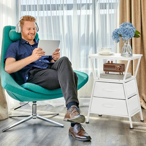 Side Tables for Bedroom Nightstand with 2 Cloth Drawer Bedside Table with Storage End Tables Living Room Sofa Couch - color: White