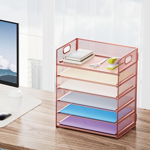 Marbrasse 6 Tier Paper Organizer Letter Tray - Mesh Desk File Organizer with Handle, Paper Sorter Organizer for Letter/A4 Office File Folder Holder - Rose Gold - color: Rose Gold