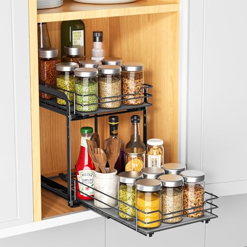 RCHYFEED Spice Rack, 2 Tier Pull out Cabinet Spice Organizer, Height Adjustable Slides out Ultra-smooth Racks for Spice Organization, Seasoning Organizer for Inside Cabinets(7.5" Wx10.5 Dx9.5 H) - size: 2 Tier-7.5''Wx10.5''Dx9.5''H