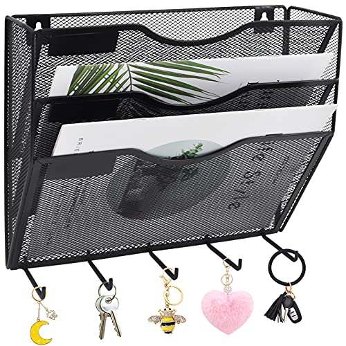 EASEPRES 3 Pocket Mesh Hanging File Organizer with Key Holder Hooks & Nametag Label, Wall Mounted Mail Paper Document Folder Clipboard Storage Organization Magazine Rack for Office Cubicle, Black - color: Black, size: 3 Tier & Key Holder