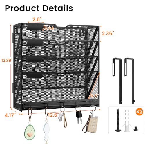 Hanging Wall File Organizer 5-Tier Wall Mount Mail Organizer & Desk Paper Organizer, Sleek Black Metal File Folder Holder for Office, Cubicle (Black-5 Tier) - color: Black-5 Tier