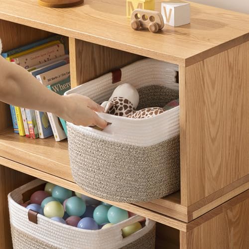 UBBCARE 4 Pack Baskets for Organizing, Woven Storage Baskets with Label for Toys and Towel, Rectangle Cotton Rope Basket with Handles, 14''L x9''W x8''H, White&Brown - color: White&Dark Brown, size: 4 Pack - 14 X 8 X 9 Inches