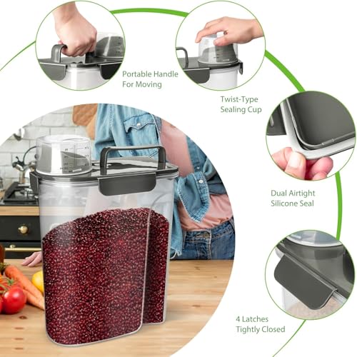Viretec Rice Storage Container, 10 to 20lb Dry Food Airtight Dispenser, Pet Dog Cat Food Canister, BPA Free Clear Plastic Kitchen and Pantry Bin for Oatmeal, Cereal, Pasta, Flour Pack of 2 Grey - color: 10L+6L/Grey