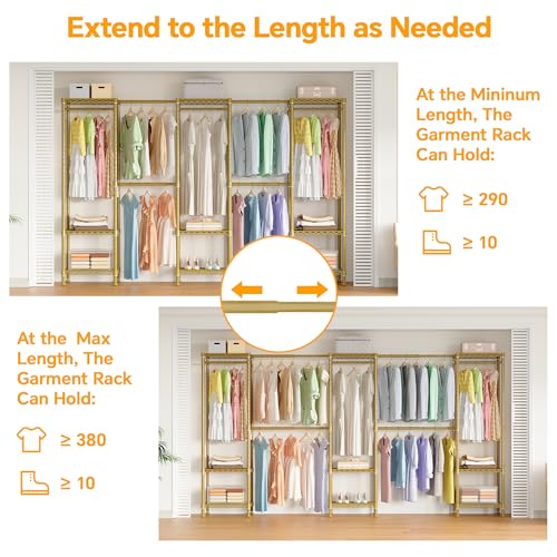 Higeego Large Clothes Rack, Clothing Rack for Hanging Clothes, Heavy Duty Garment Rack, Freestanding Wardrobe Closet with Extendable Hanger Rods, Width from 7.8 to 10.8 ft, H11 Gold - color: Gold, style: 5 Row