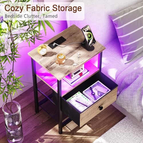 LOAKEKEL Nightstand with Charging Station, End Table with Fabric Drawer, LED Night Stand for Bedroom, Small Bed Side Table with USB Ports and Outlets, Grey, HETS01GY-1 - color: Grey, style: One-drawer