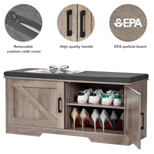 HOMSHO 2-Tier Storage Bench, 39.4" Wide Shoe Bench with Padded Seat Cushion, Entryway Bench with 2 Barn Doors and Adjustable Shelf, Greige - color: Greige, size: 39.4" Wide