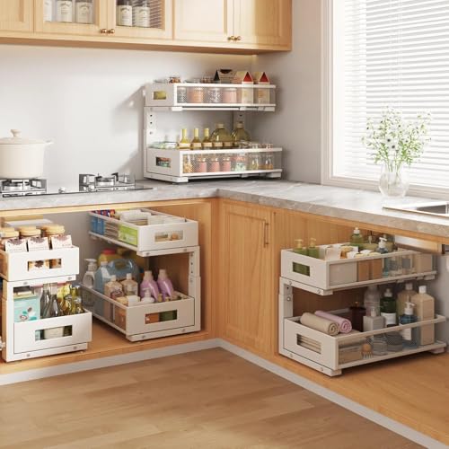 2 Packs 17IN Depth Under Sink Organizer, 2-Tier Pull Out Cabinet Organizer With Smooth Circular Rail, Large Capacity Metal Mesh Sliding Drawers For Bathroom& Kitchen Storage,Height Adjustable –White - color: White, size: 2 Pack-17"Dx11.6"-16.7" H