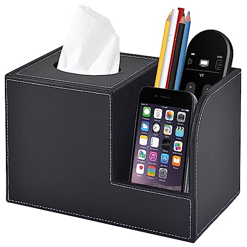 PU Leather Tissue Box Cover with Storage Square-Multifunctional Tissue Holder,Remote Control Holder,Decorative Tissues Boxes Organizer,Home Office Desktop Storage box,Black - color: Black