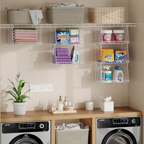 3-Tier Hanging Laundry Basket Organizer：Foldable Wire Shelf Laundry Room Organizer with 360°Rotating Hooks Small Space Solutions Pantry Baskets - Laundry Organization, White Patent - color: White, size: 3-Pack 11"D*13.7"W*29.72"H