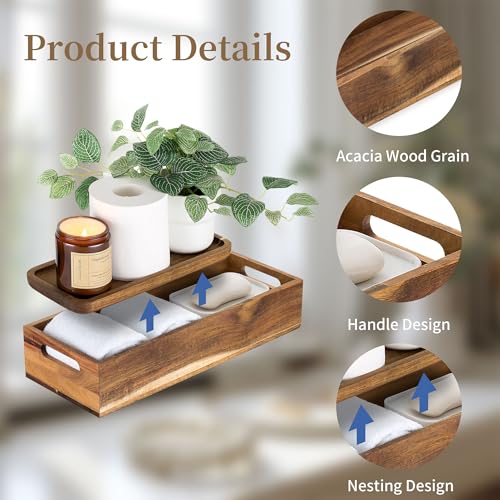 Hanobe Bathroom Toilet Tank Basket: Wood Acacia 2pcs Toilet Paper Topper with Vanity Tray Back of Organizer Toiletry Storage Holder Box