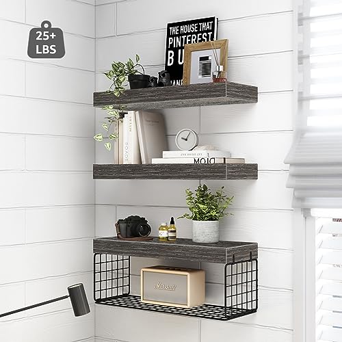 QEEIG Bathroom Shelves Over Toilet - Wall Mounted Floating Shelves Toilet Paper Storage Small Farmhouse Decor Shelf 16 inch Set of 3, Grey (019-GY3) - color: D. Grey, size: 3pcs