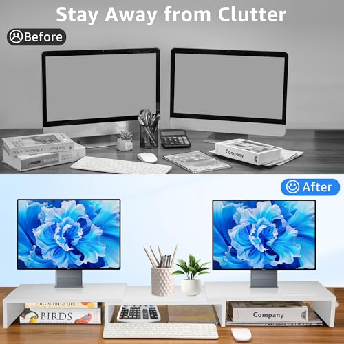 La Jaco Dual Monitor Stand Riser for 2 Monitors, Monitor Stand for Desk, Adjustable Length & Swivel Angle Wooden Desktop Organizer Stand Riser with Smartphone Holder for PC Monitor Laptop, White - color: White