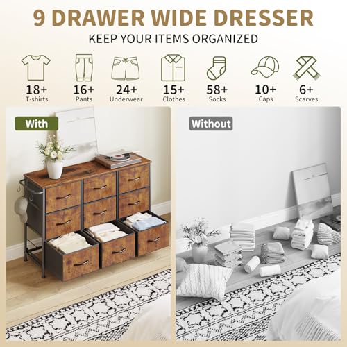 Dresser for Bedroom, Small Fabric Dressers for Kids Bedroom, 9 Drawers Dresser for Closet, Storage Organizer Chest of Drawers for Nursery, Dorm, Apartment, TV Stand, Wood Top, Side Hook (Rustic Brown) - color: Rustic Brown, size: 11.8"D x 39.4"W x 25.6"H