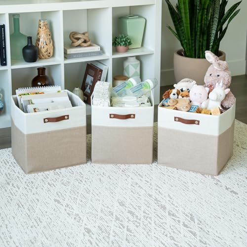 OrganiHaus 13" x 13" x 13" Cube Fabric Storage Bins Set of 4, Fabric Storage Cubes w/ Vegan Handles, 13 inch Collapsible Bins for Clothes & Toy Organizer, 13x13 Basket for Decor - Beige/White - color: Beige Base / Off-White, size: (13x13) Leather Handles