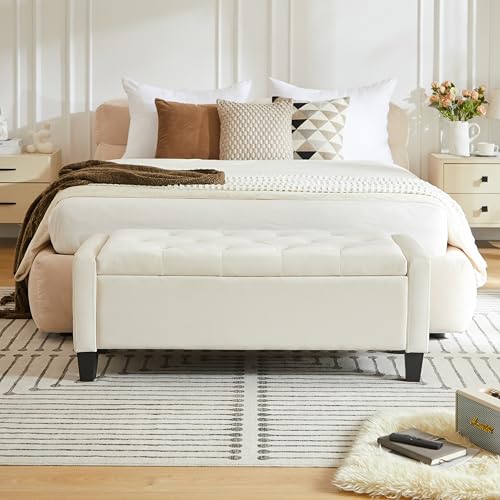 Virabit Velvet Storage Ottoman Bench, End of Bed Bench with Button, Two Side Storage Pockets, Organizer Storage Chest, Upholstered Foot Rest with Legs, Load up to 400 lb, Beige