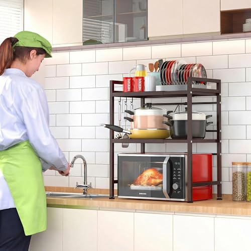 PUSDON 3-Tier Expandable Microwave Oven Rack, Countertop Baker's Rack Style Shelf, Heavy Duty Adjustable Stand with Hooks, 160lbs Capacity Rustic Decor, Vintage Bronze - color: Vintage Bronze, size: H-frame 3 tier