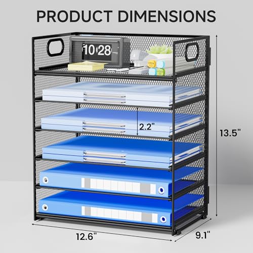 6-Tier Paper Organizer for Desk with Handle, Heavy Duty Metal File Organizer | Stackable Desktop Organizer for Office Supplies, Documents and Stationery Storage - color: Black, size: 12.6" x 9.1" x 13.5"