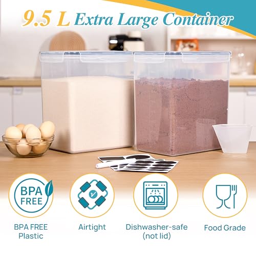 Vtopmart 9.5L 2 Pack Extra Large Flour Sugar Storage Containers for 25lbs flour, Airtight Kitchen Pantry Organization Canisters with Lids for Bulk food, Rice, Baking Supplies, BPA Free, Black - color: Black, size: 9.5L