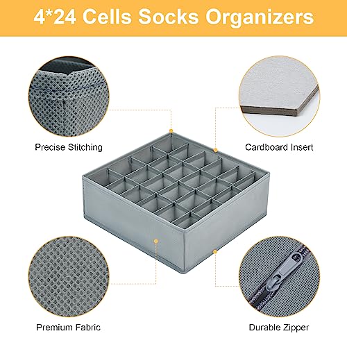 Joyoldelf Sock Drawer Organizer Divider Underwear Organizer 24-cell Fabric Dresser Drawer Organizers Storage Boxes for Socks Lingerie, Handkerchiefs, Ties 4 Pack (Grey) - color: Grey, size: 4*24 cells