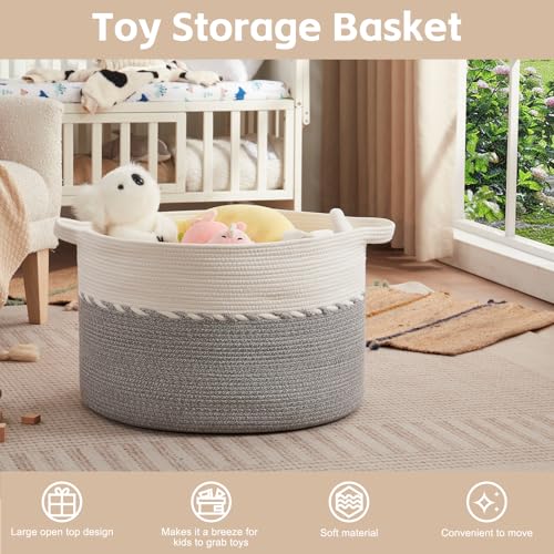 OIAHOMY 125L Extra Large Blanket Basket, 25" x 16", Jumbo Laundry Hamper, Cotton Rope Basket with Handles for Living Room,Baby Toy Basket for Storage, Grey - color: Grey, size: 25" x 25" x 16"