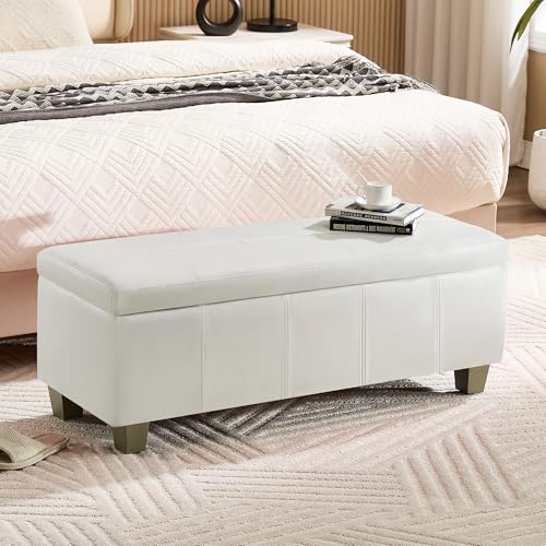 WUTUTUEE 41" Faux Leather Storage Ottoman, Stitch Tufted Rectangle Upholstered End of Bed Storage Bench, Entryway Large Couch Ottoman with Wooden Legs,White - color: White, size: 41 Inch