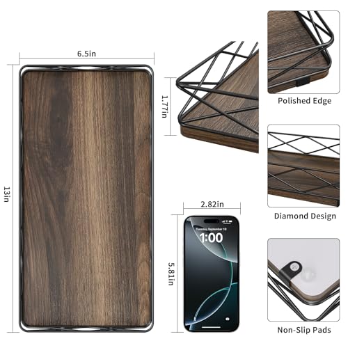 Lixple Toilet Paper Basket Holder, 13" Toilet Tank Tray, Wood and Metal Toilet Tray Vanity Organizer Bathroom Tray, Kitchen Sink Organizer for Soap Dispenser (Brown+Black) - color: Brown+black