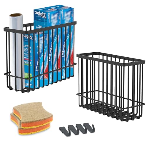 Wall Organizer Baskets, Lid Organizers Inside Cabinet with 2 Caddy Adhesive, Cabinet Door Organizer with 2 Sponges, 4 Hooks, Cabinet Door Storage for Foil Aluminum Roll, Black, 2 Pack (Small, Medium) - color: Black (Small+Medium)