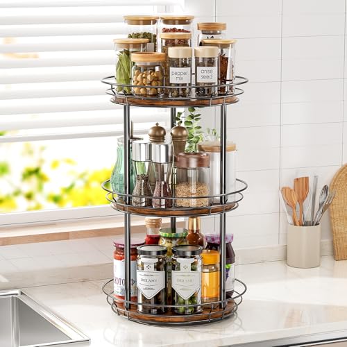 LAMU 10'' Lazy Susan Turntable Organizer, 3 Tier Round Rotating Spice Rack Organization for Kitchen Cabinet and Countertop, Wooden Lazy Susan for Table Top, Pantry, Bathroom, Vanity, Home Decor - size: 10in - 3Tier