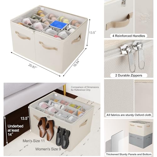 TOPIA HOME Shoe Organizer for Closet, Foldable Shoe Box with Adjustable Dividers and Clear Cover, Space Saving Shoe Storage Organizer Cabinet with Reinforced Handles, Fits 16 Pairs, Beige TP09Y - color: Beige, size: Large(20.87''L x 16.54''W x 13.5''H)