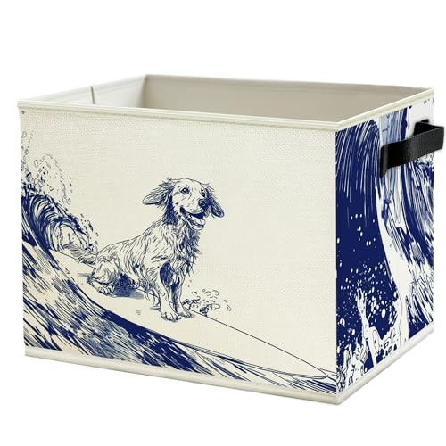 Navy Blue Coastal Dog Storage Bins Box with Handles, Dog Lovers Gifts for Women Men, Nautical Surfing Dogs Collapsible Basket Organizer for Bedroom Bathroom Toys Books Clothes - color: Color07