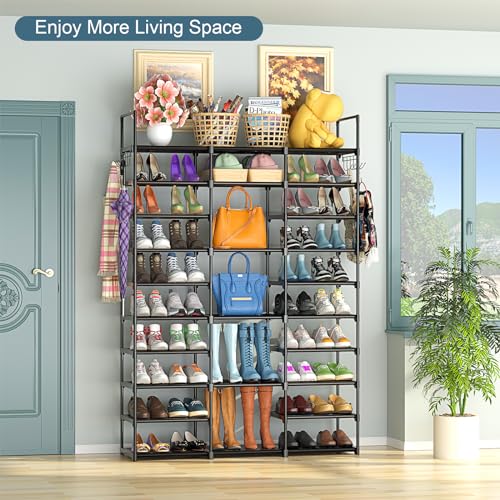 Kottwca 3 Row 10 Tier Large Shoe Rack Organizer for Closet Entryway, 60-65 Pair Shoe Boot Storage Rack, Metal Shoe Shelf Tall Vertical Stackable Shoe Stand for Bedroom Corner - size: 3 Row 10 Tier
