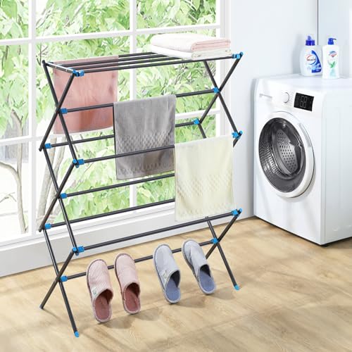 APEXCHASER Clothes Drying Rack, Foldable 2-Level Drying Rack Clothing, Stainless Steel Free-Standing Laundry Airer, with Height-Adjustable 4 Wings, Matte Black - color: Graphite, size: Small