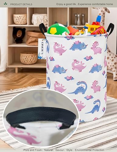 Round waterproof laundry basket,foldable storage basket,laundry Hampers with handle,gift basket,suitable for children's room and toy storage (Pink Dinosaur) - color: Pink Dinosaur