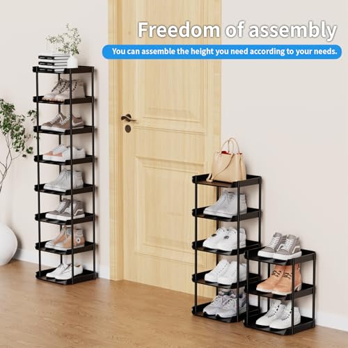 8 Tier Vertical Narrow Shoe Rack, Stackable Tall Skinny Shoerack, Compact Single Shoes Storage Tower for Slim Space, Corner Plastic Shelves, for Hallways, Entryway, Bedrooms Organizer, Black - color: Black, size: 8 tier