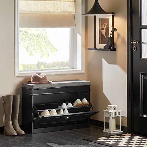 Haotian Shoe Storage Bench with Cushion, Black Narrow Shoe Rack for Entryway, Small Shoe Cabinet with Flip-Drawer, Closet Hallway Mudroom FSR82-L-SCH - color: Black, size: 1 Drawer:29.5x9.4x20"