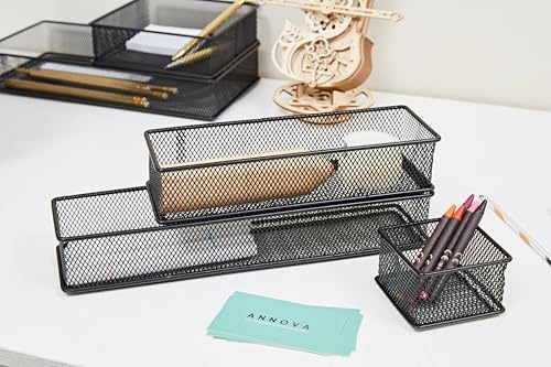 Annova Mesh Stackable Drawer Cabinet and Shelf Organizer Bins Storage Basket School Office Supply Holder Tray- Set of 2 (Black, 3x9x2 Inch) - color: Black, size: 3x9x2 Inch
