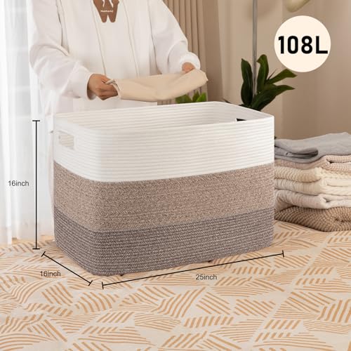 OIAHOMY 108L Super Large Blanket Basket, 25”x16”x16”(108L) Rectangle Woven Baskets for Storage, Cotton Rope Basket For Living Room, Toy Storage with Handle- Gradient Dark Brown - color: Gradient Dark Brown
