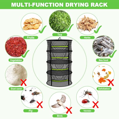 MEKOLIFE Herb Drying Rack with Mesh Design, Hanging Drying Rack with Green Zipper & Garden Pruning Shears – Versatile Plant Drying Solution (6 Layers) - size: 6 Layers