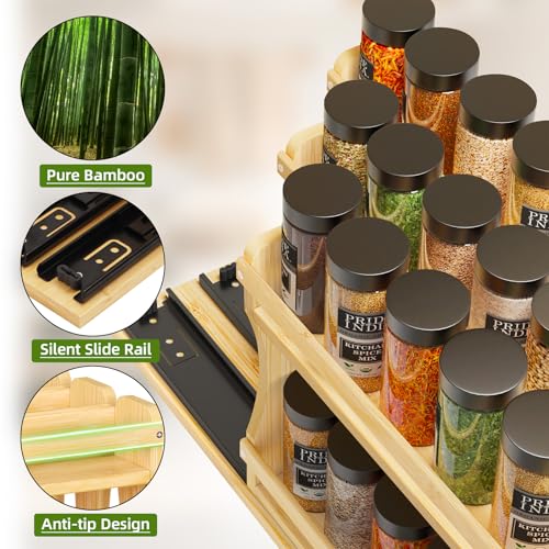 BAMEOS Pull Out Spice Rack Organizer for Cabinet, Bamboo Wide 7.7" Slide Out Seasoning Organizer for Kitchen, No Drill Anti-Tip Ball Bearing Silent Glides, Pantry Cabinet Organizer, Natural - size: 7.7" Wide, 3 Drawers