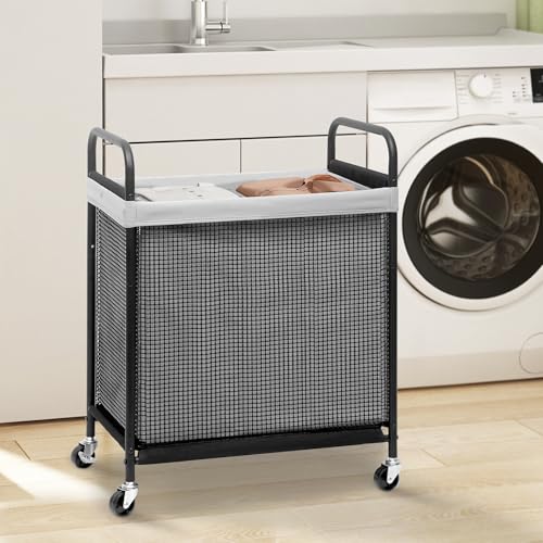 STORAGE MANIAC Rolling Laundry Hamper with Wheels 2-Section Laundry Sorter Rolling Laundrys Basket on Wheels with Removable Bag Clothes Hamper Laundrys Organizer Cart Bathroom Bedroom 100L Grey - color: Grey, size: 2-Section