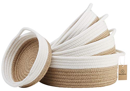 NaturalCozy 5-Piece Round Small Woven Baskets Set– Cotton Rope Baskets for Organizing! Montessori Toys, Fruits Remotes Key Tray Bowl for Entryway Desk, Shallow Catchall Home Décor, Cat Dog Bin Gift - color: Off White & Jute
