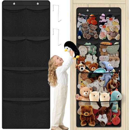 SpaceHacks Stuffed Animal Storage - Large Over the Door Organizer with 6 Expandable Mesh Pockets & Metal Hooks, Non-Woven Fabric Hanging Plush Items Holder for Nursery, Bedroom, Playroom (Black) - color: Black