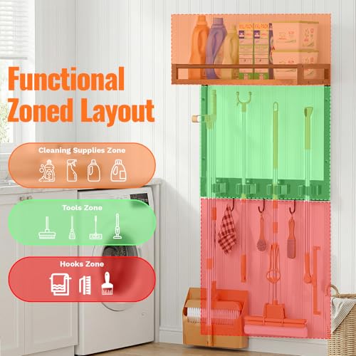 2 Packs Broom Holder Wall Mount with Shelf Load 66LBS Broom and Mop Organizer Wall Hanging Broom Hanger with 4 Mop Hanger Grippers, 3 Hooks for Laundry Room, Garage, Utility Closet, Kitchen - style: 2 Packs