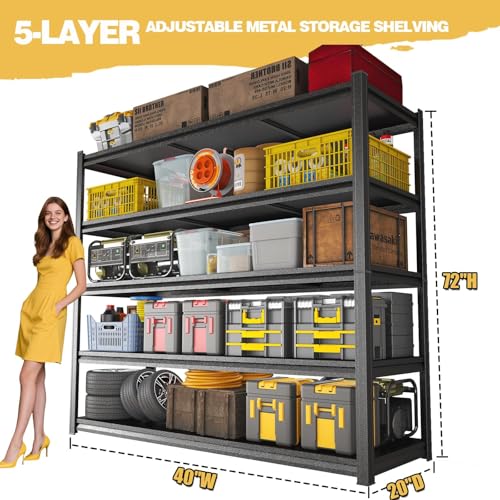 Garage Shelving Heavy Duty, 5-Tier Metal Storage Shelves, 3000LBS, 72" H Adjustable Industrial Rack, Utility Garage Organizer Shelf for Basement, Kitchen, Pantry, Laundry Room, Black - size: 40"W x 20"D x 72"H