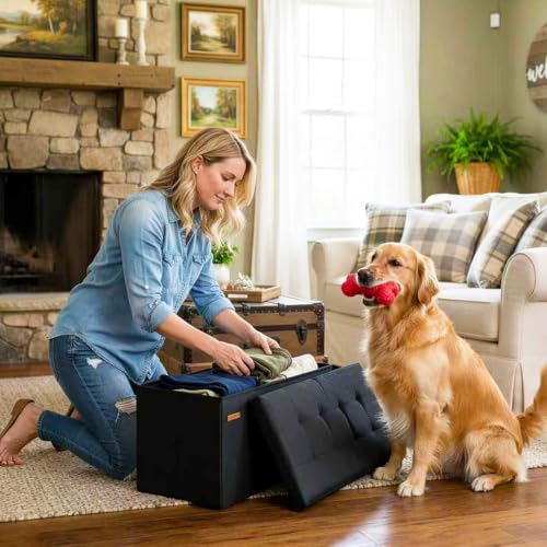 HAUSFRAU 31.5 Inches Ottoman with Storage, Folding Ottoman Bench Small Foot Rest Stool, Bedroom Bench with Flipping Lid, Linen Grey - color: Grey, size: 13"D x 31.5"W x 13"H