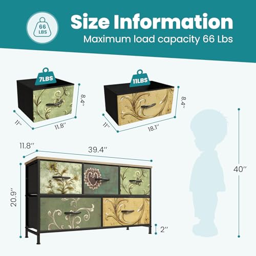 OLIXIS Dresser for Bedroom with 5 Drawers, Wide Chest of Drawers, Fabric Bedroom Dresser with Drawer Organizer, Storage Organizer Unit with Fabric Bins for Closet, Living Room, Hallway, Flower - color: Flower, size: 11.9"D x 38.1"W x 20.9"H (5 Drawers)