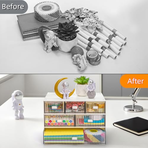 Hacaroa 3 Tier Mini Desk Organizer with 6 Drawers, Plastic Desktop Drawers Storage Box, Stackable Makeup Organizer Craft Storage Case for Office, School, Bathroom, Detachable Design, White
