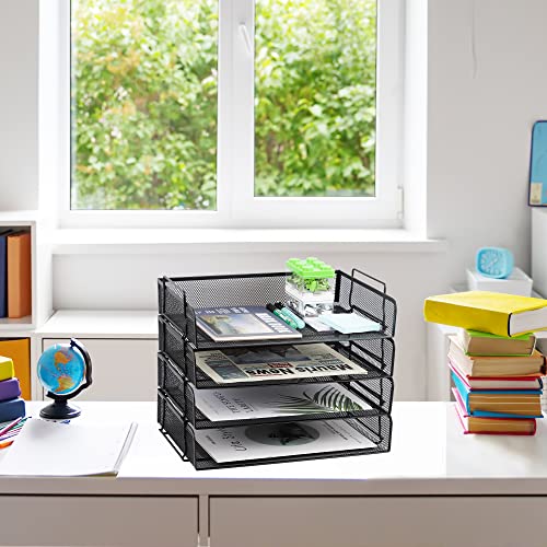 EASEPRES 4 Pack Stackable Desk Paper Tray, Metal Mesh Desktop Document Letter File Organizer for Office Home School, 13.5'' L x 9.75'' W x 11'' H, Black - color: 4 Pack Black