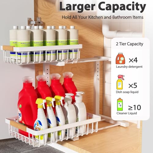 Liuoud Under Sink Organizer 2 Pack, 2 Tier Slide Out Large Capacity Height Adjustable Under Sink Organizers and Storage for Kitchen Bathroom Cabinet, White - color: White